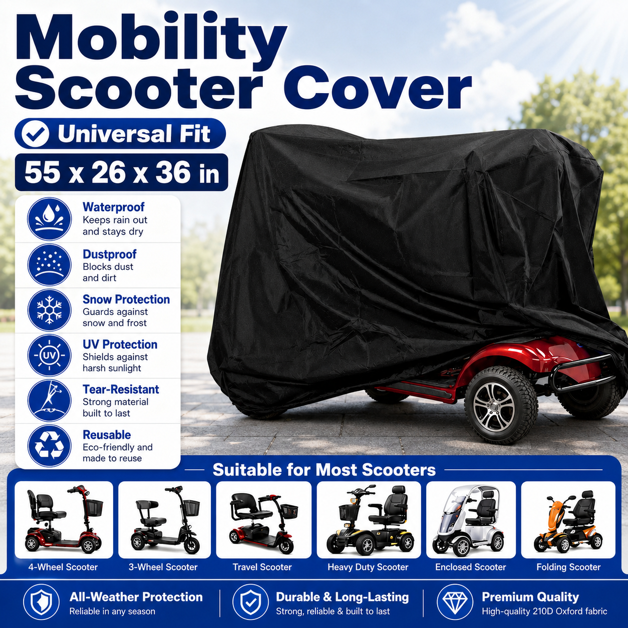 Outdoor Power Wheelchair - Mobility Scooter Cover 55in Waterproof Heavy
